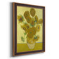 Impressionist sunflower still life painting by Vincent van Gogh printed on canvas in an ornate bronzed mahogany wood frame with a vertical orientation.