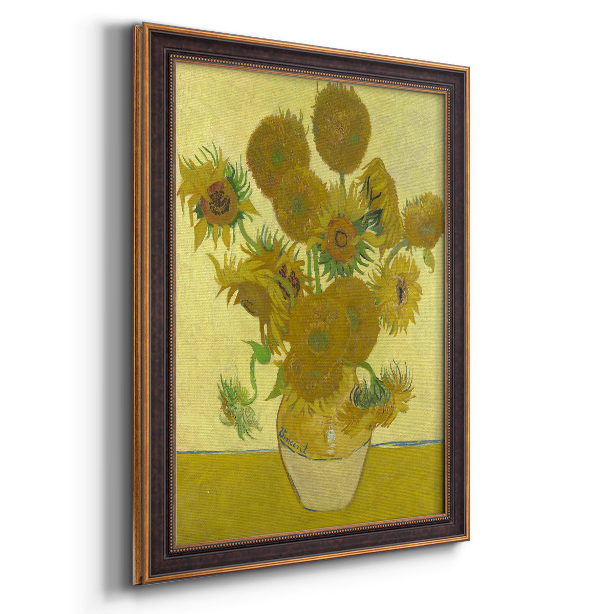 Impressionist sunflower still life painting by Vincent van Gogh printed on canvas in an ornate bronzed mahogany wood frame with a vertical orientation.