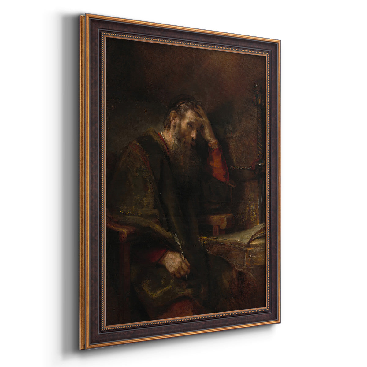 Classical religious portrait of Paul the Apostle by Rembrandt van Rijn printed on canvas in an ornate bronzed mahogany wood frame with a vertical orientation.