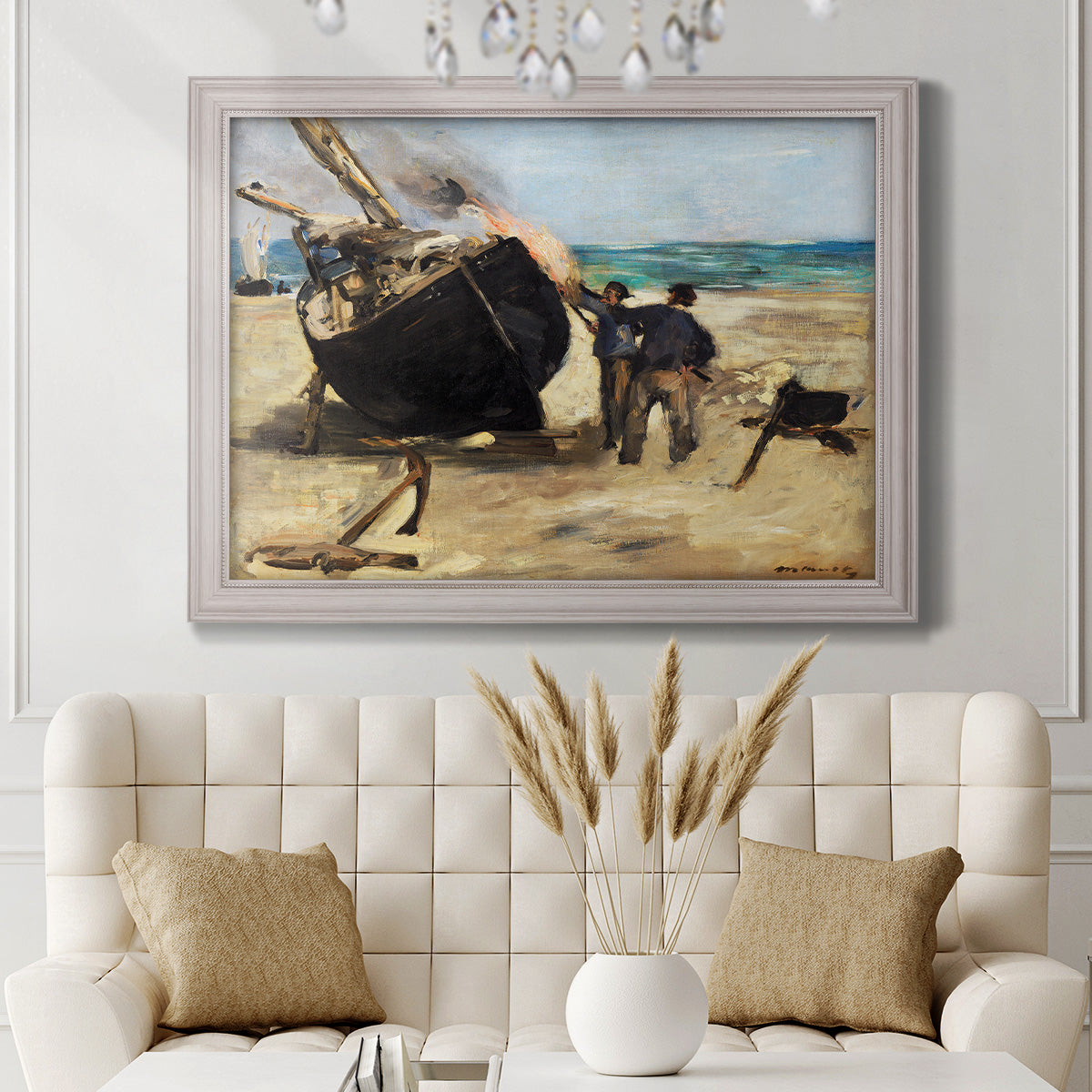 Impressionist nautical work scene by Édouard Manet in an ornate weathered white frame displayed in a neutral-toned interior setting.