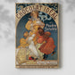Canvas art print of a vintage advertisement with a stylized female figure and decorative typography with a soft shadow on a white background.