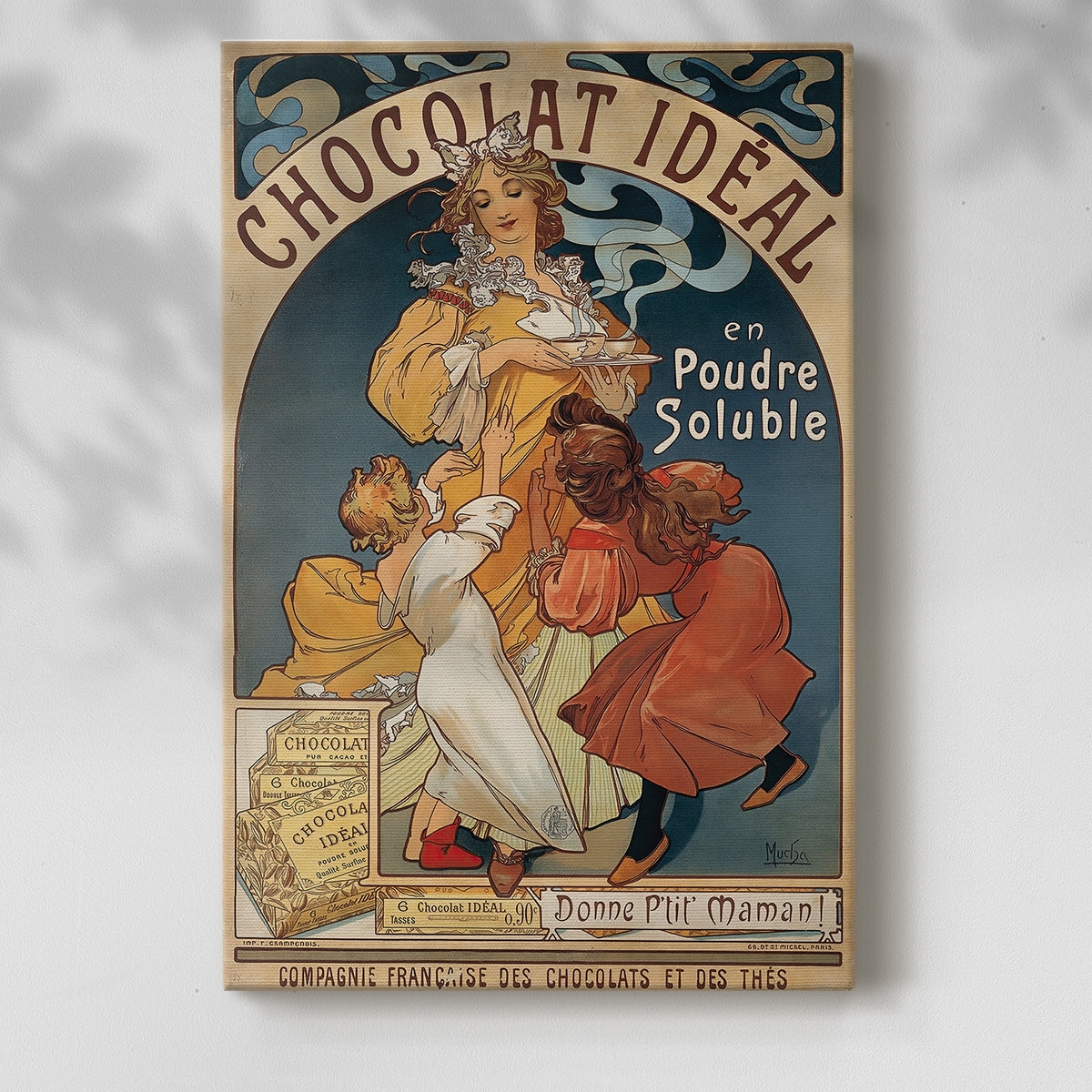 Canvas art print of a vintage advertisement with a stylized female figure and decorative typography with a soft shadow on a white background.