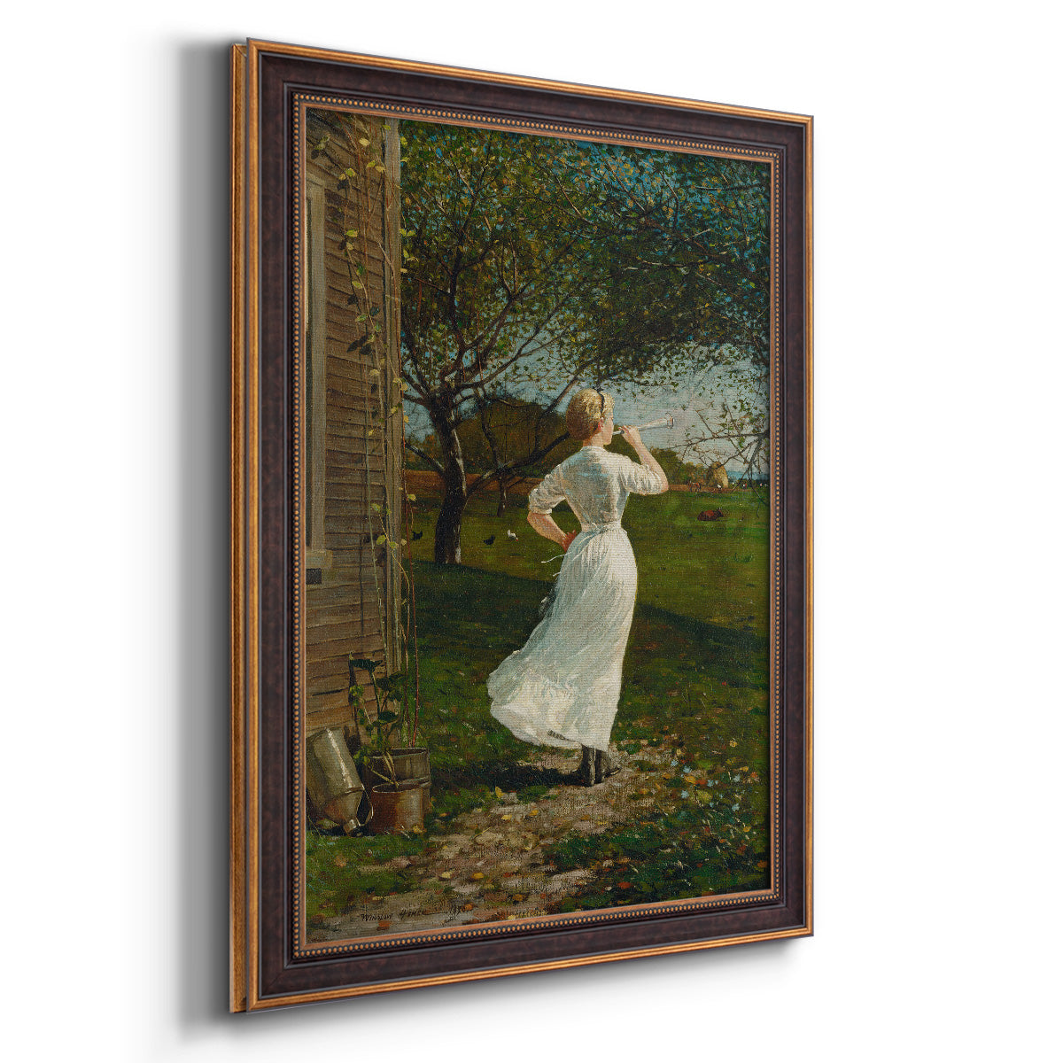 Narrative religious genre scene by Winslow Homer printed on canvas in an ornate bronzed mahogany wood frame with a vertical orientation.
