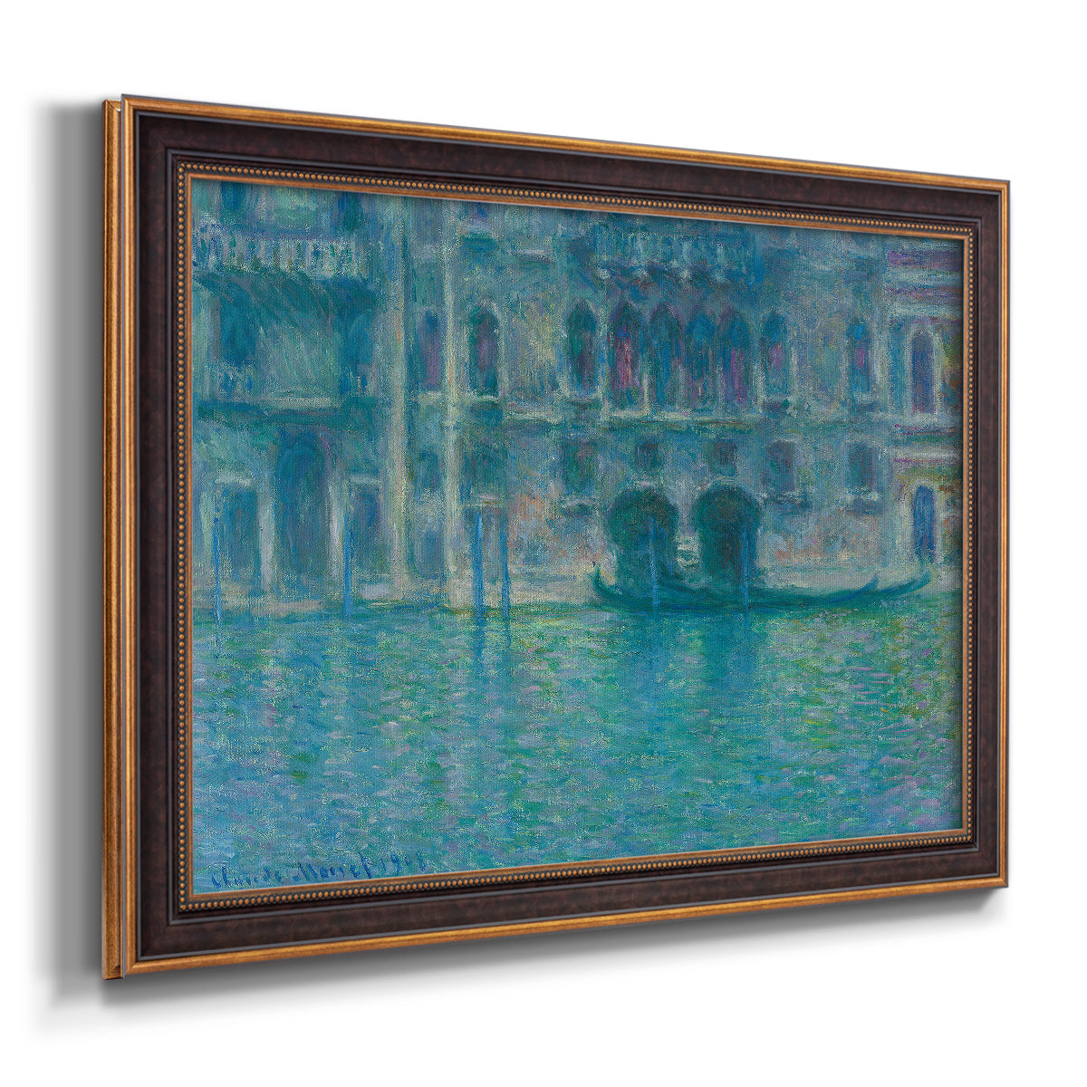 Impressionist Venetian palace waterfront scene by Claude Monet printed on canvas in an ornate bronzed mahogany wood frame.