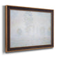 Impressionist atmospheric landscape in morning haze by Claude Monet printed on canvas in an ornate bronzed mahogany wood frame.