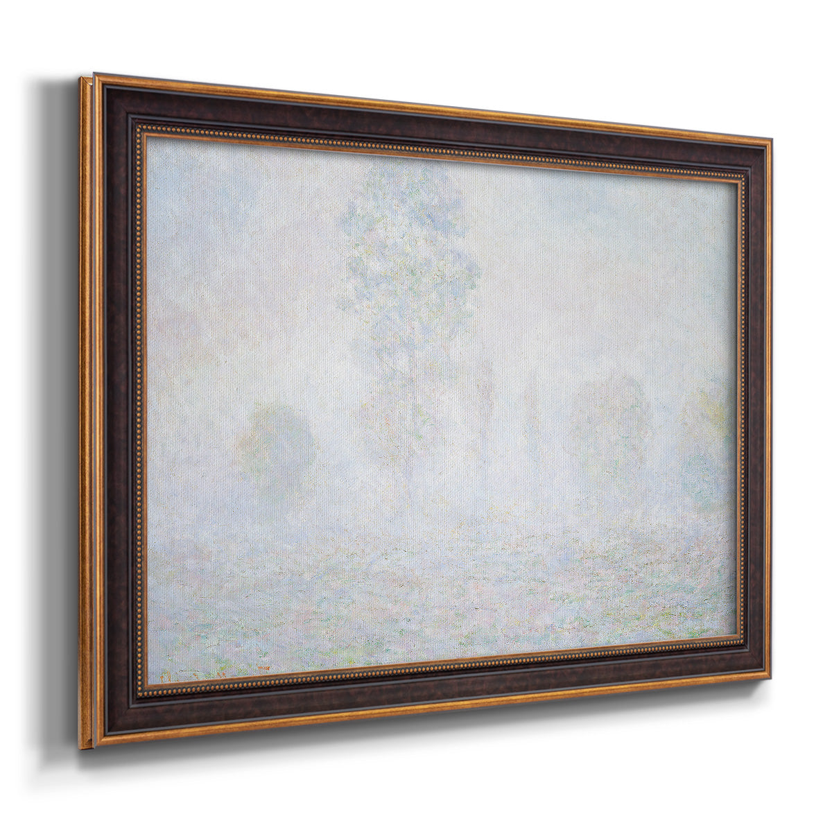Impressionist atmospheric landscape in morning haze by Claude Monet printed on canvas in an ornate bronzed mahogany wood frame.