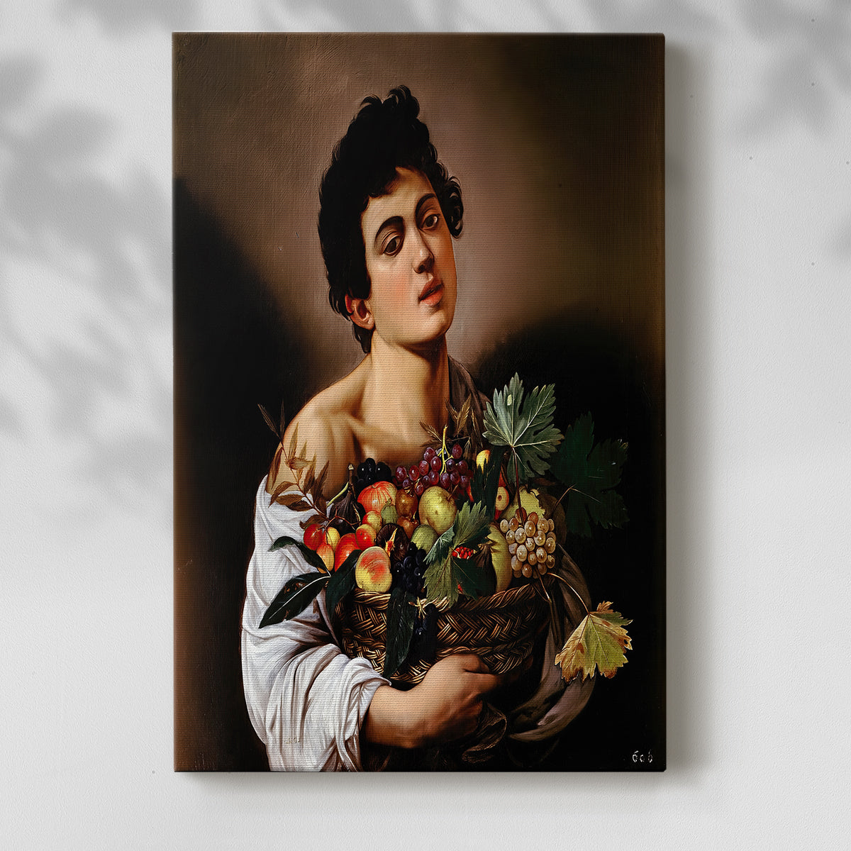 Canvas art print of a youthful figure with fruit in a naturalistic composition with a soft shadow on a white background.