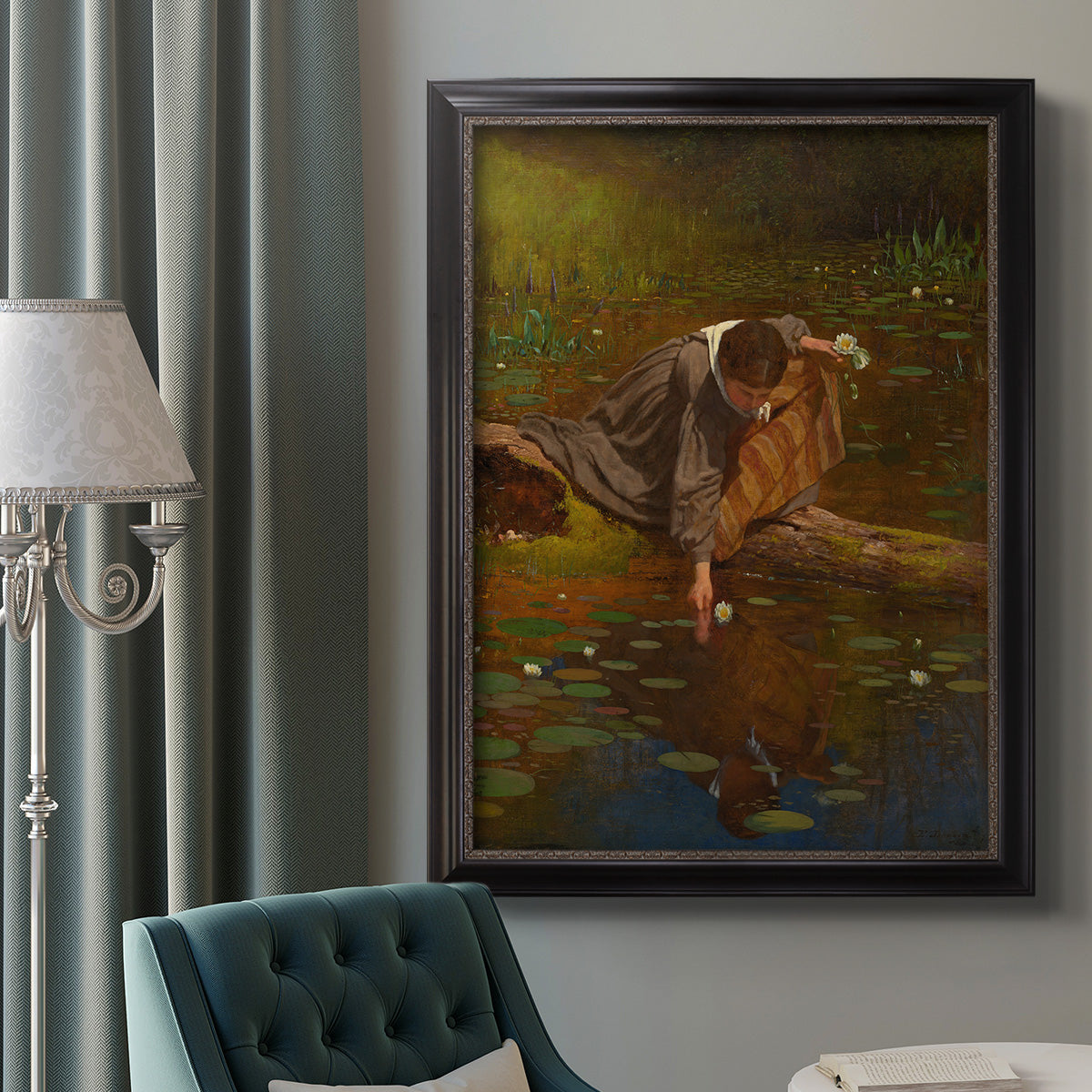 Realist genre painting of figures gathering lilies by Eastman Johnson in an ornate black frame with gilded inner detail displayed in a neutral interior setting.