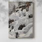 Canvas art print of a winter forest scene with snow-covered rocks suggesting a lynx's shelter with a soft shadow on a white background.