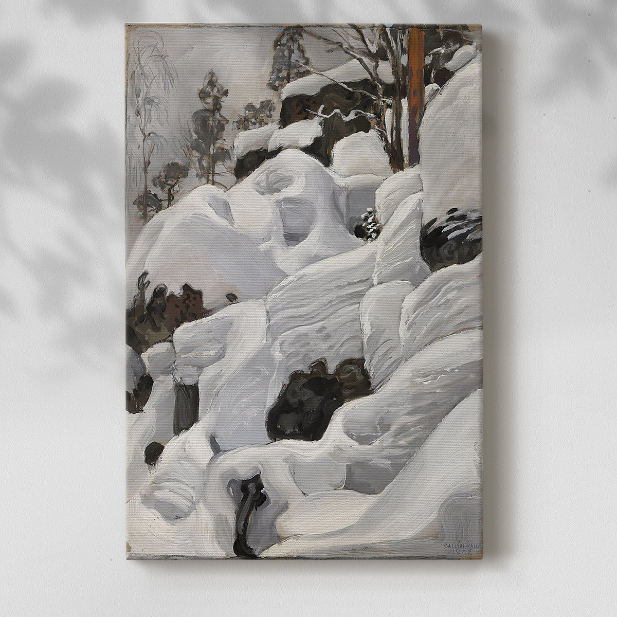 Canvas art print of a winter forest scene with snow-covered rocks suggesting a lynx's shelter with a soft shadow on a white background.