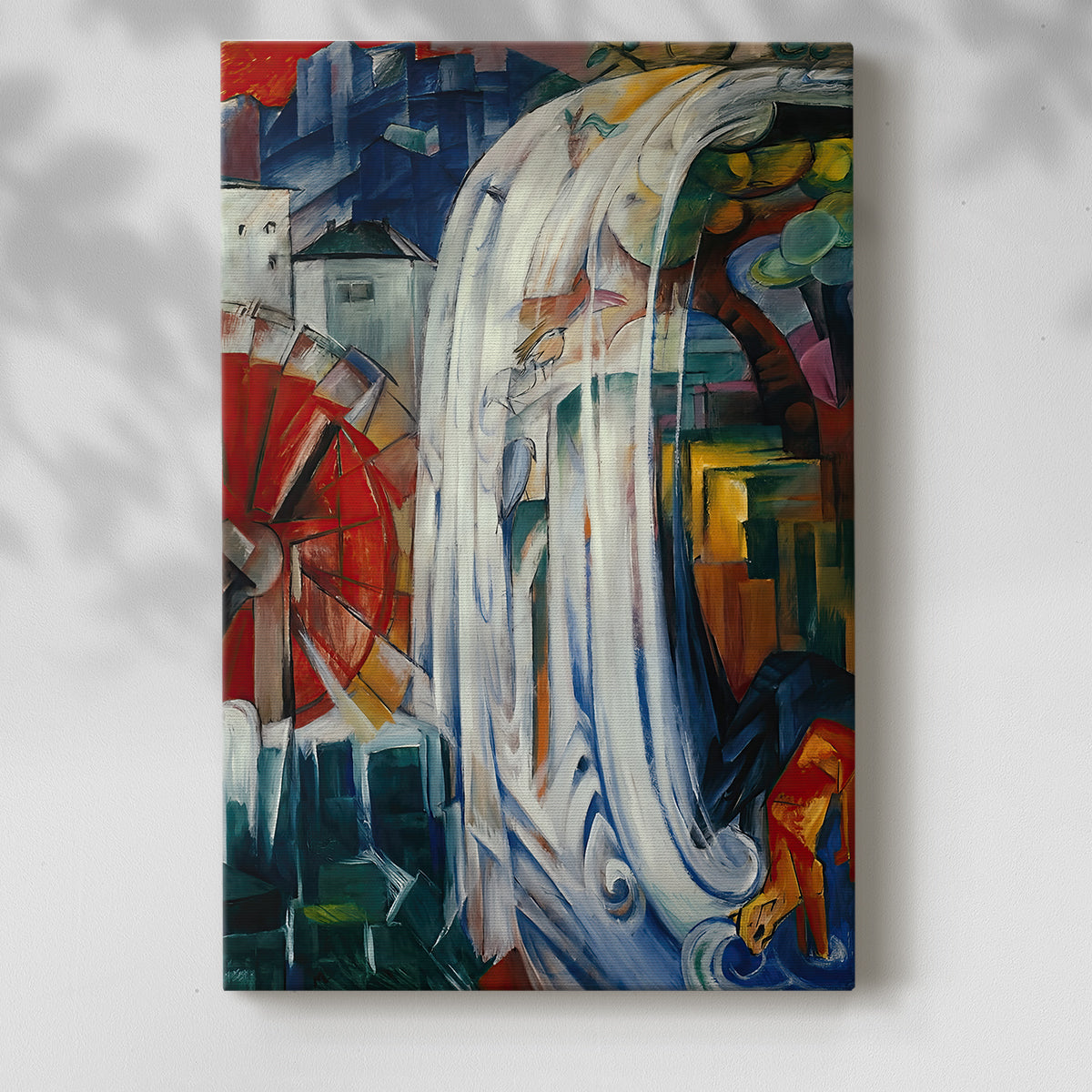 Canvas art print of a dynamic composition with architectural elements and color planes with a soft shadow on a white background.