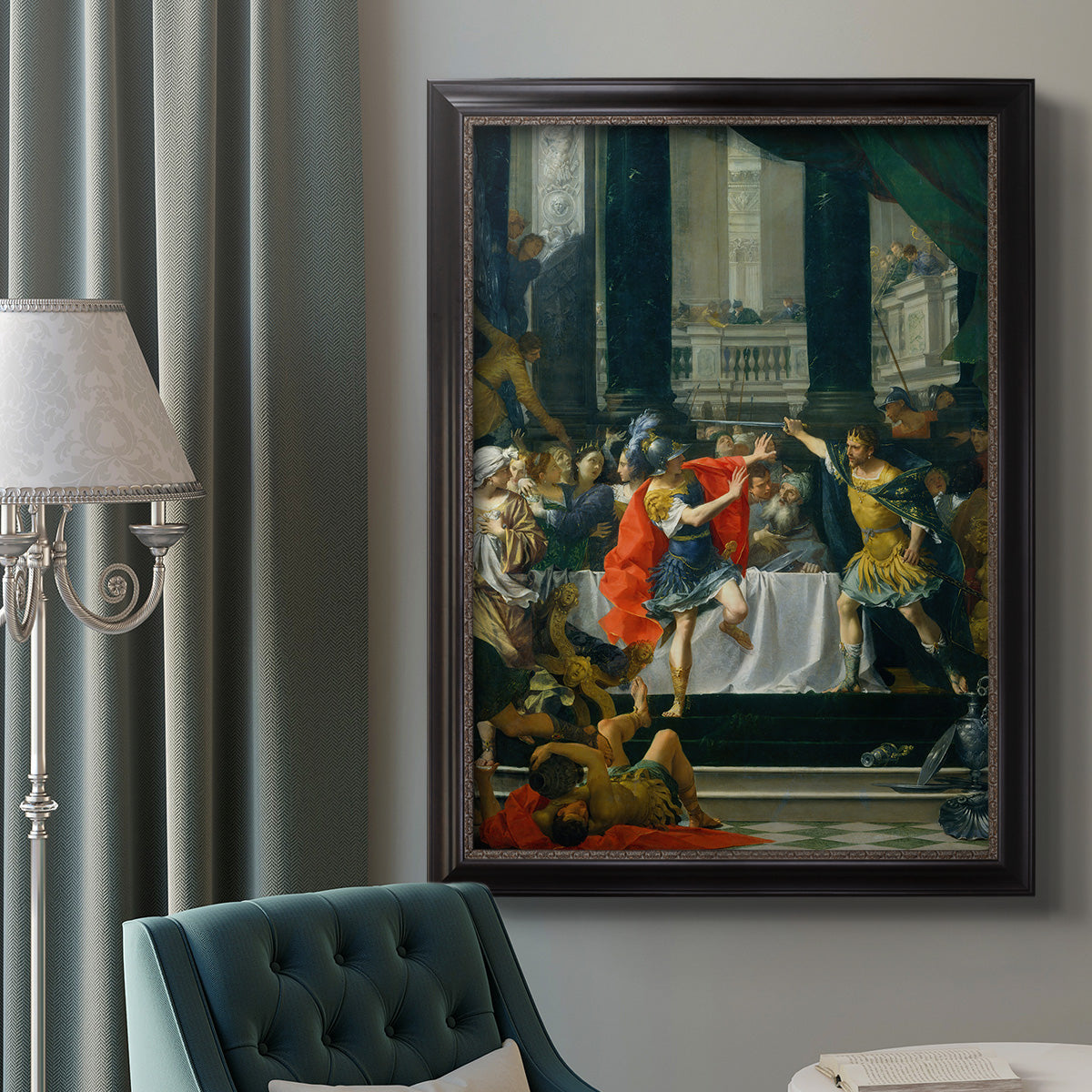 Classical historical painting of Alexander the Great by Donato Creti in an ornate black frame with gilded inner detail displayed in a neutral interior setting.