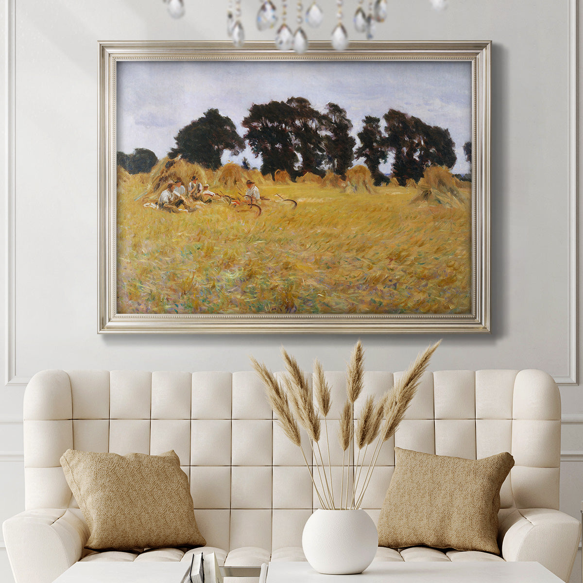 Impressionist rural harvest scene by John Singer Sargent in an ornate champagne frame displayed in a neutral-toned interior setting.