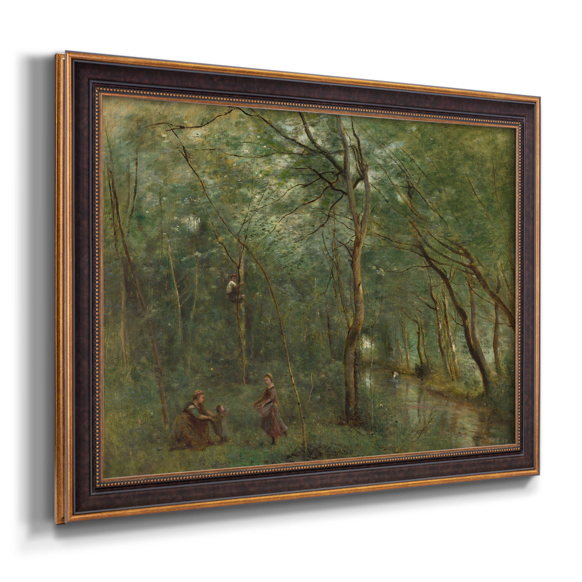 Traditional rural landscape scene with figures by Jean-Baptiste-Camille Corot printed on canvas in an ornate bronzed mahogany wood frame.