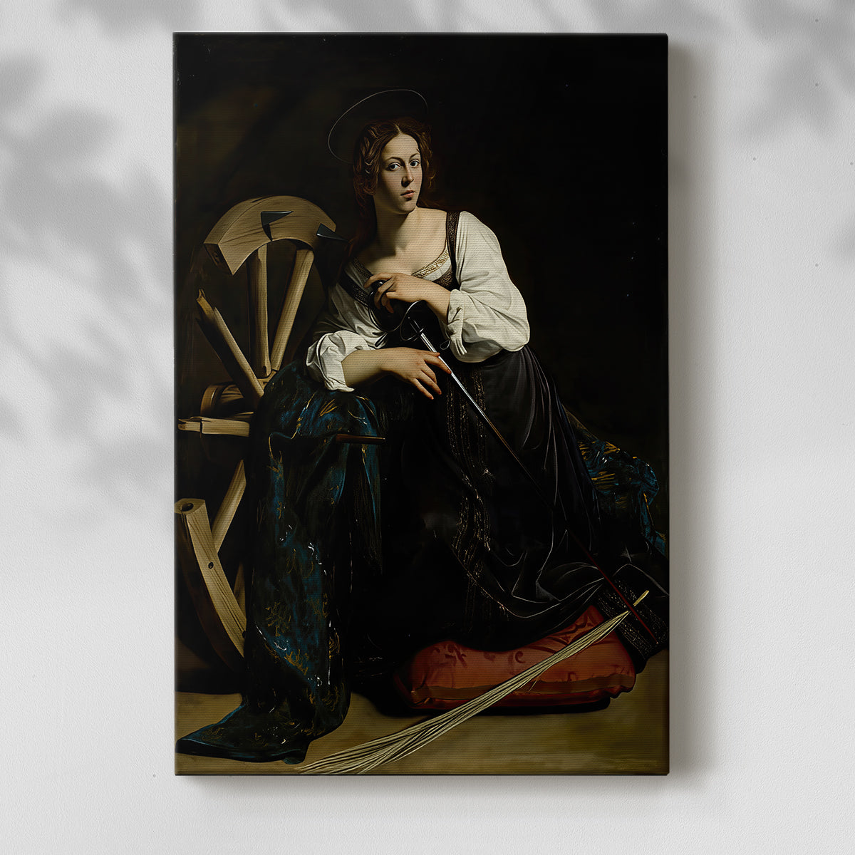Canvas art print of a religious figure with rich tones and minimal background with a soft shadow on a white background.
