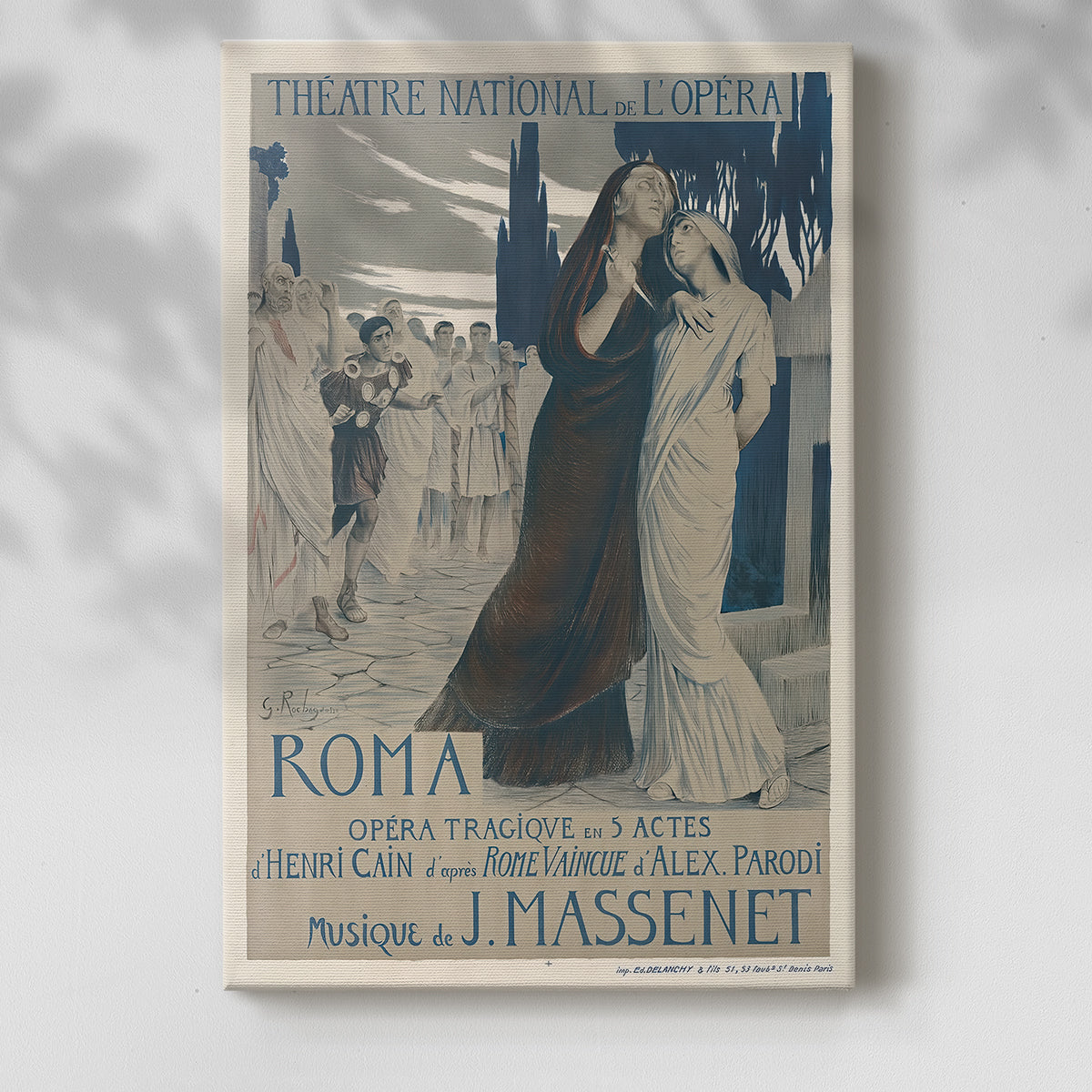 Canvas art print of a stylized scene with classical forms and decorative borders with a soft shadow on a white background.