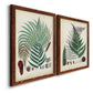 Angled view of a set of two maple barnwood framed canvas prints featuring two natural-history fern plates featuring vintage fern specimens with botanical details.