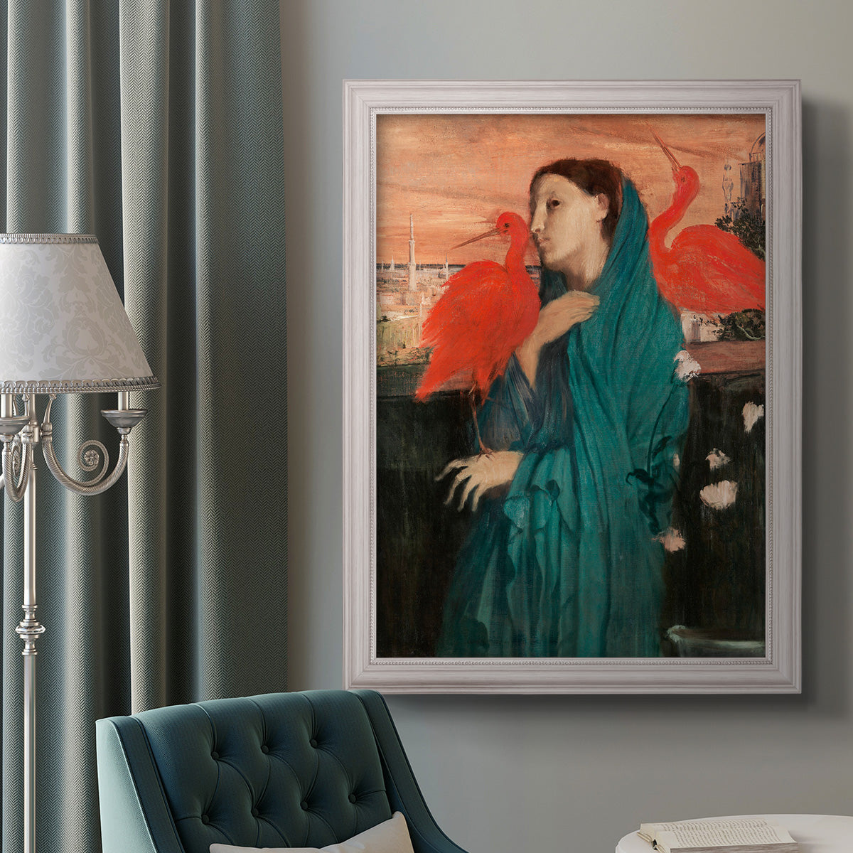 Impressionist portrait of a young woman with an ibis by Edgar Degas in an ornate weathered white frame displayed in a neutral interior setting.