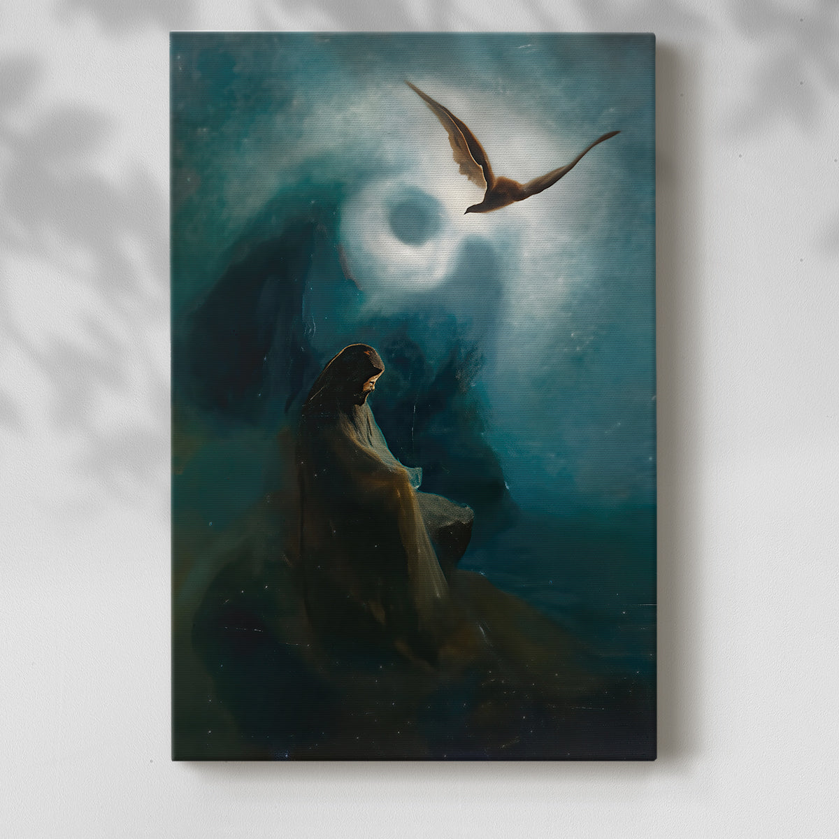 Canvas art print of a spiritual composition with dramatic pose and soft light with a soft shadow on a white background.
