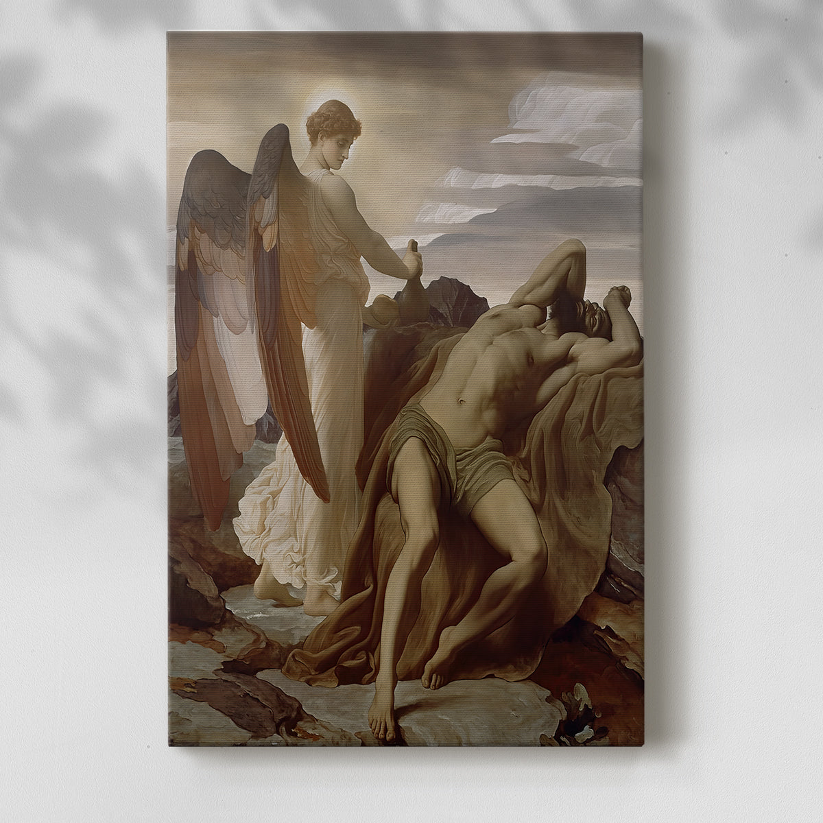 Canvas art print of a figure lying in a barren setting with soft light with a soft shadow on a white background.