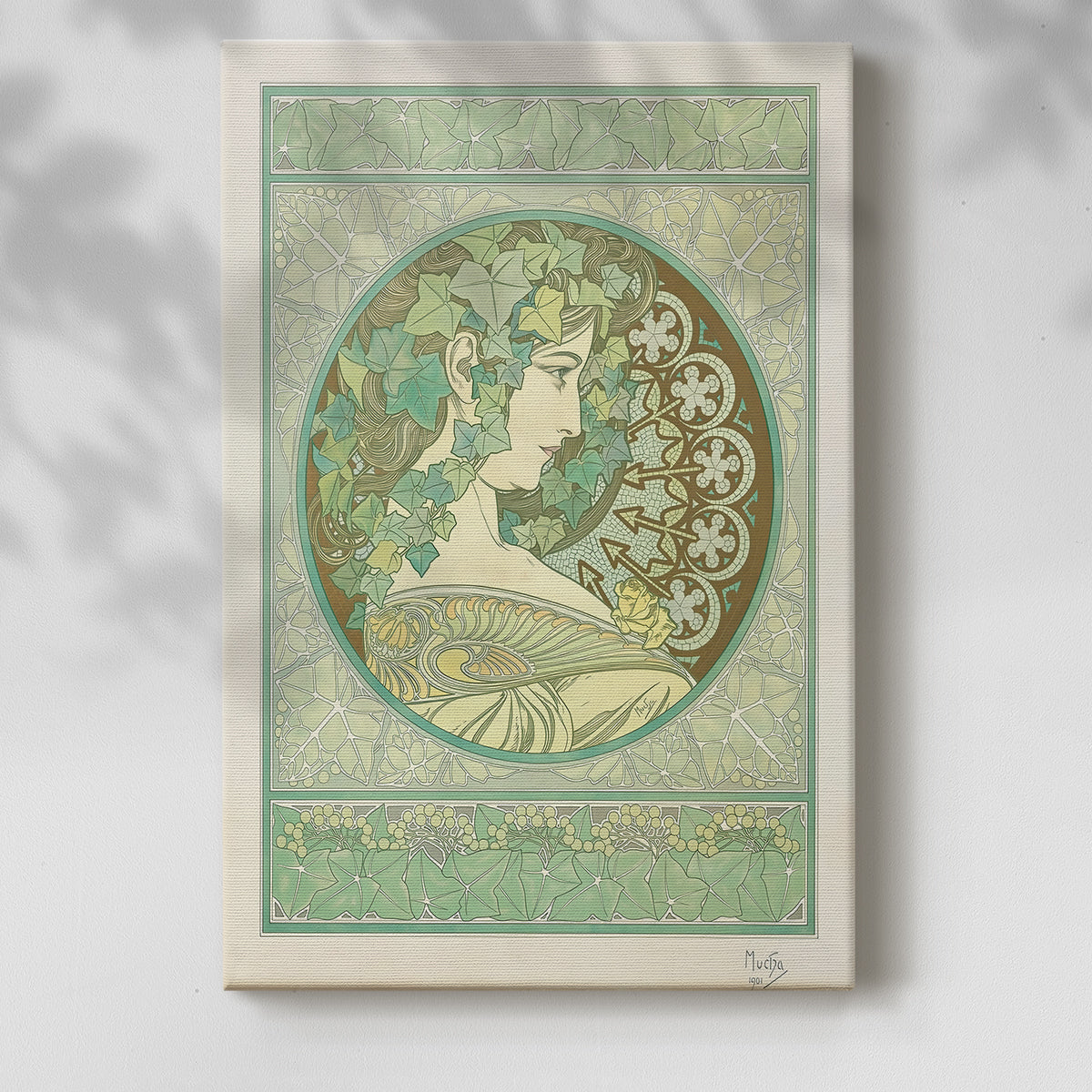 Canvas art print of a stylized female figure framed by foliage and decorative patterns with a soft shadow on a white background.