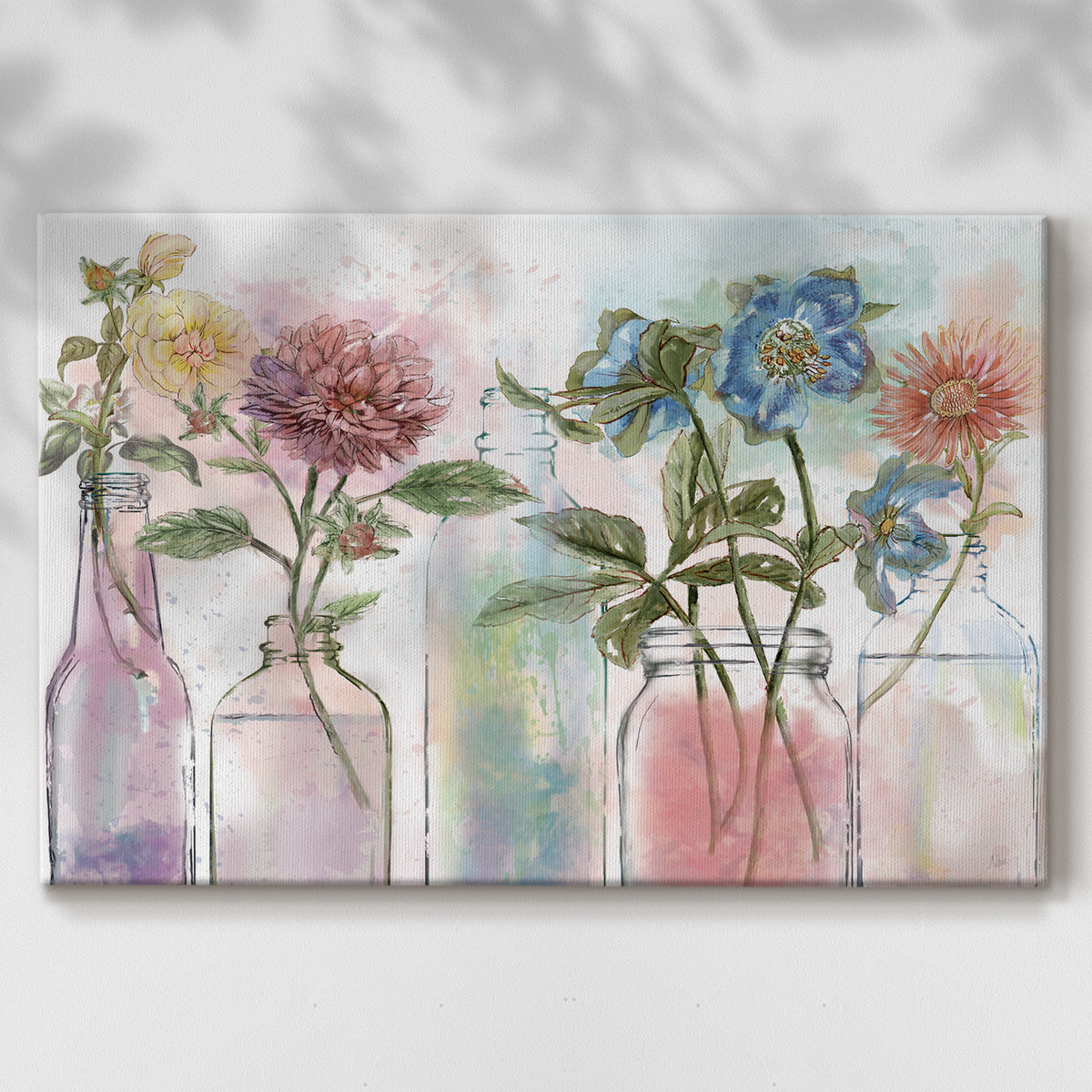 flowers,jars,glass,floral arrangements,colorful,blooms,greenery,display,nature,daylight,vibrant colors,spring,decoration,garden,creativity,water,botanical,petals,soft background,artistry,still life,pink,blue,yellow,green,home decor,craft,arrangement,beauty,freshness,ornamental,seasonal,vivid,joyful,aesthetic,handpicked,celebration,nature inspired,tranquility