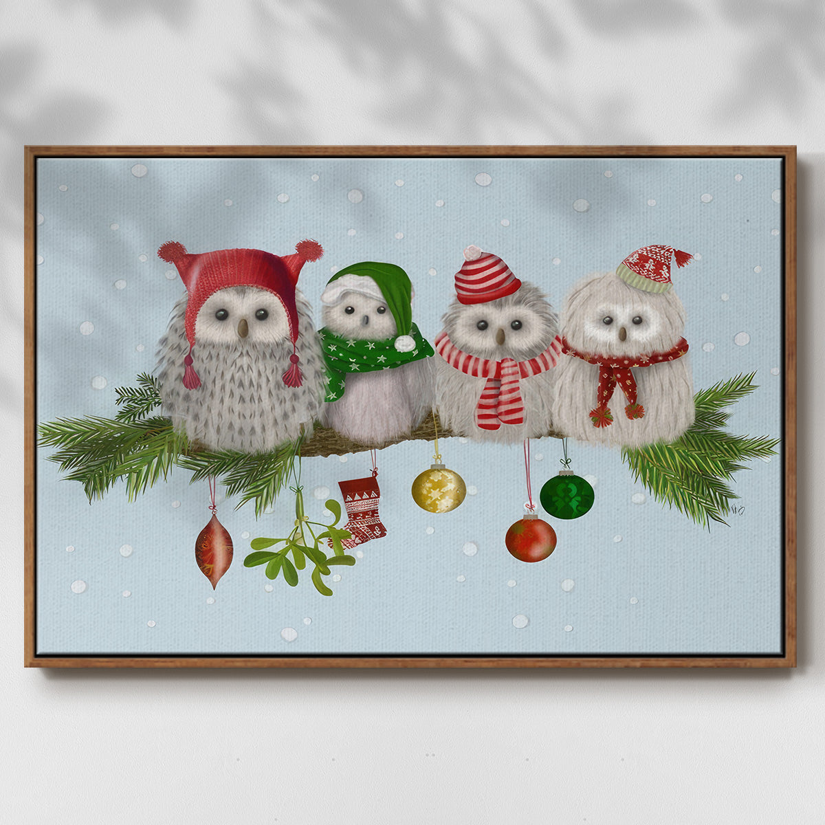 Christmas Fluffy Christmas Owls on Branch - Framed Gallery Wrapped Canvas in Floating Frame