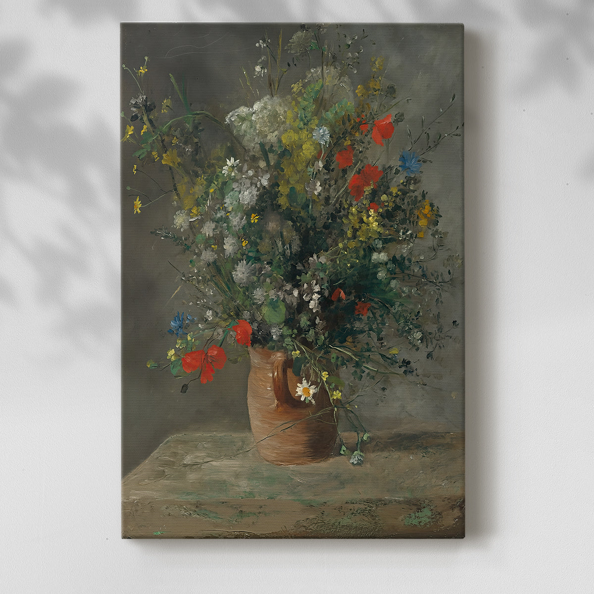 Canvas art print of a floral arrangement with loose brushwork and gentle tones with a soft shadow on a white background.