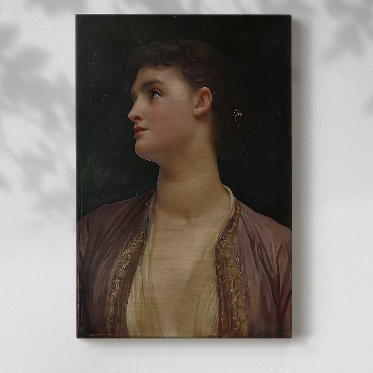 Canvas art print of a refined female figure with smooth tones and delicate features with a soft shadow on a white background.