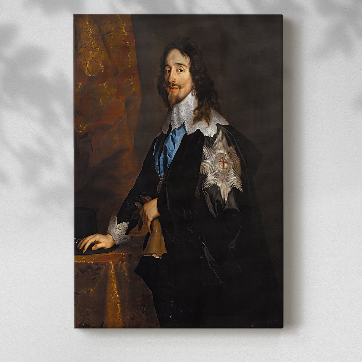 Canvas art print of a royal figure standing in formal clothing with rich textures with a soft shadow on a white background.