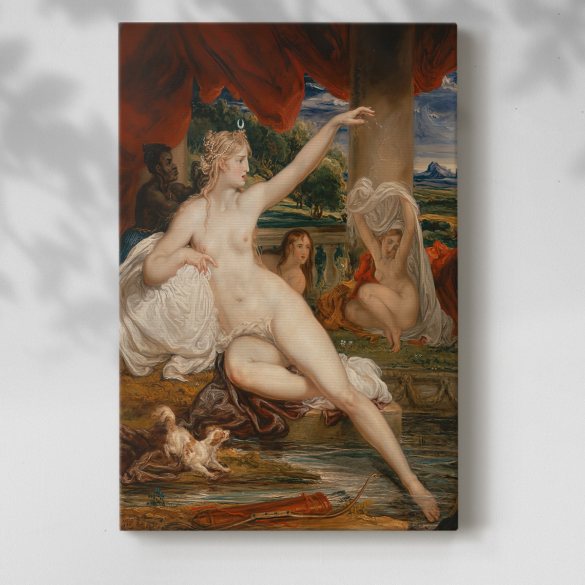 Canvas art print of a classical composition with a reclining figure and soft landscape with a soft shadow on a white background.