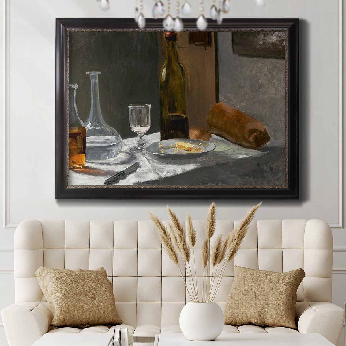 Impressionist still life with wine and bread by Claude Monet in an ornate black frame with gilded inner detail displayed in a neutral-toned interior setting.