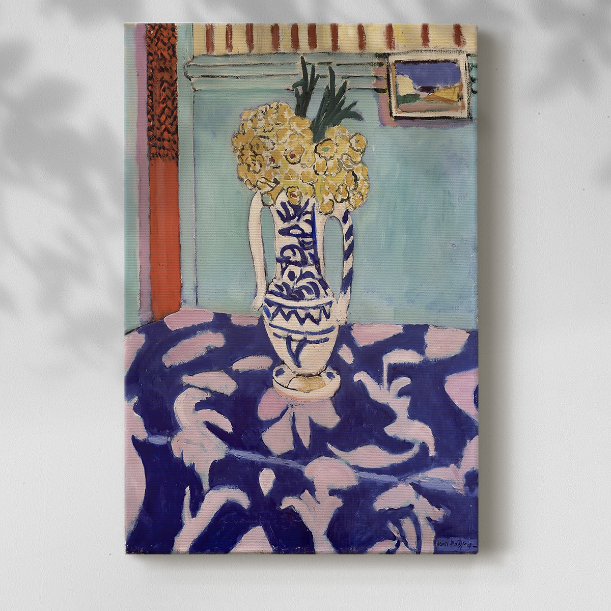 Canvas art print of a vibrant floral composition with contrasting colors and decorative pattern with a soft shadow on a white background.