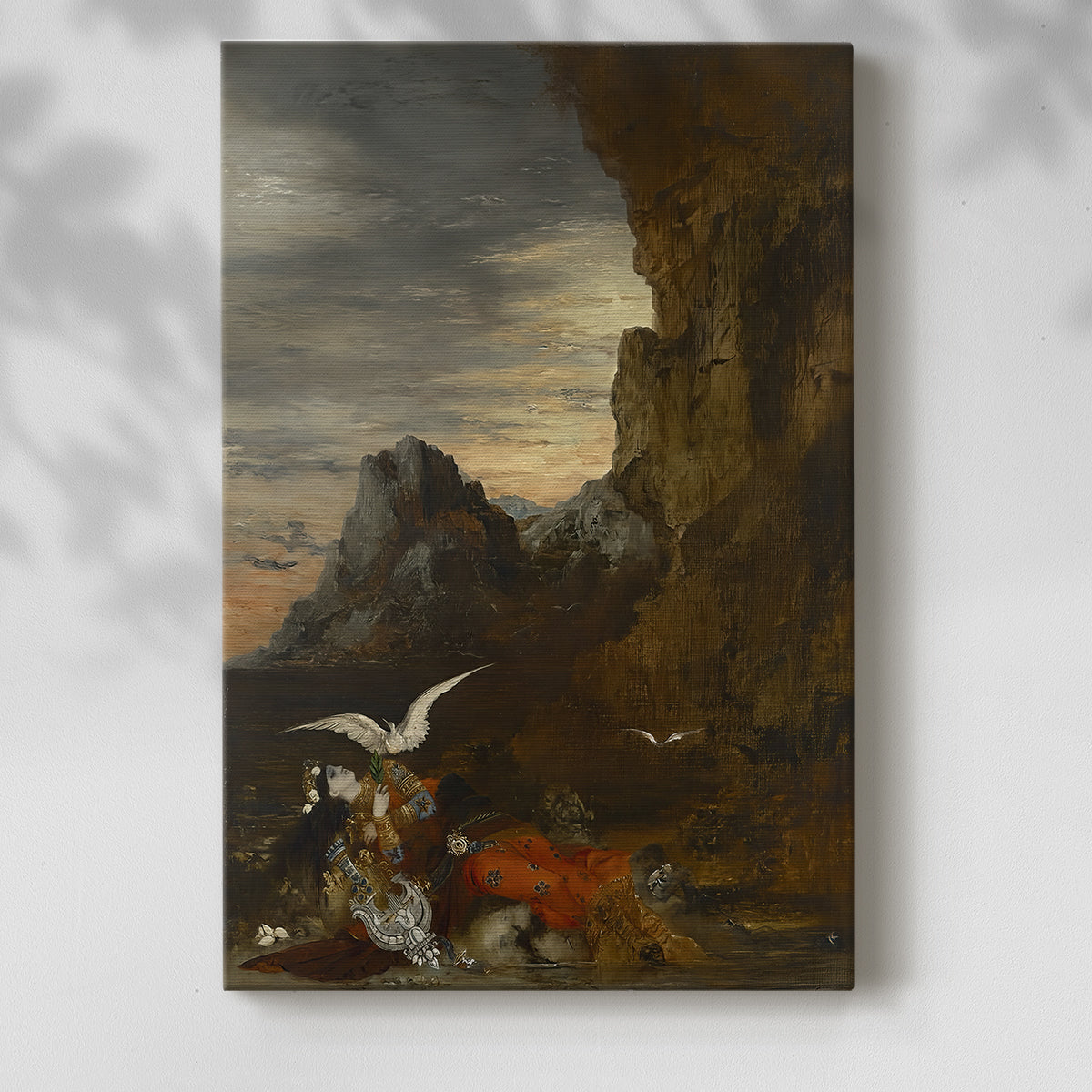 Canvas art print of a mythic composition with a figure and rugged terrain with a soft shadow on a white background.