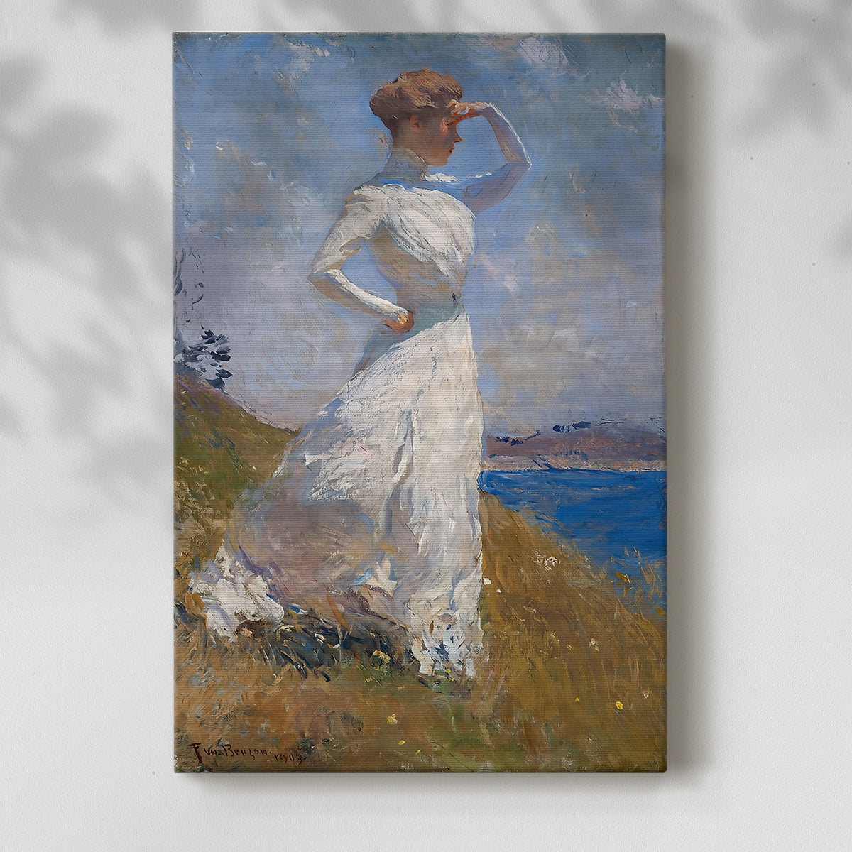 Canvas art print of a bright figure with flowing dress and natural light with a soft shadow on a white background.