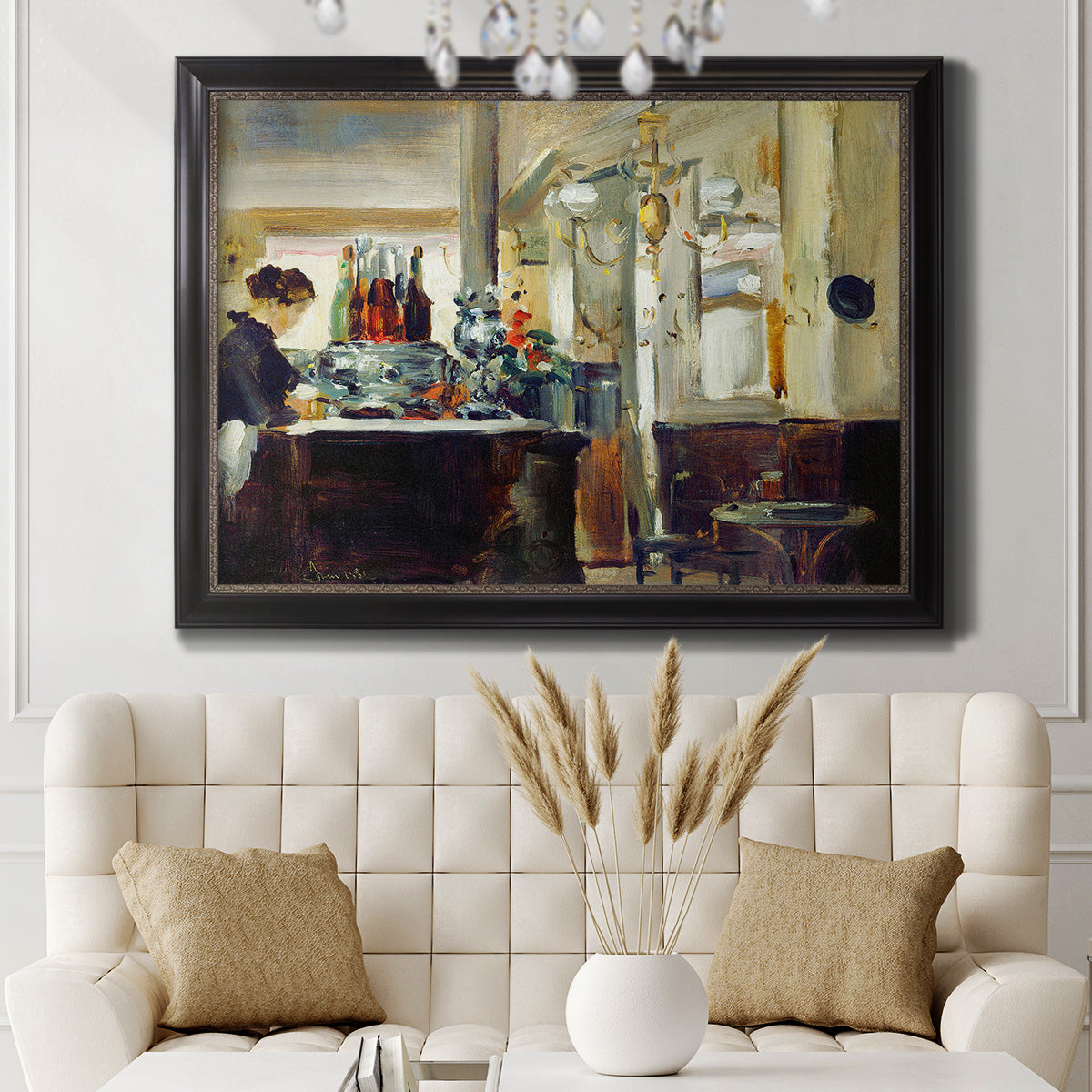 Impressionist café still life scene by Édouard Manet in an ornate black frame with gilded inner detail displayed in a neutral-toned interior setting.