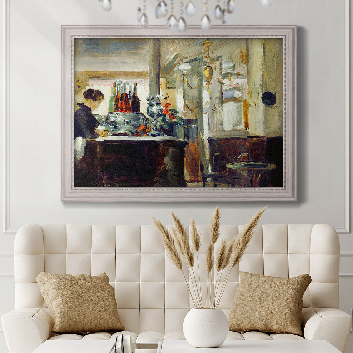 Impressionist café still life scene by Édouard Manet in an ornate weathered white frame displayed in a neutral-toned interior setting.