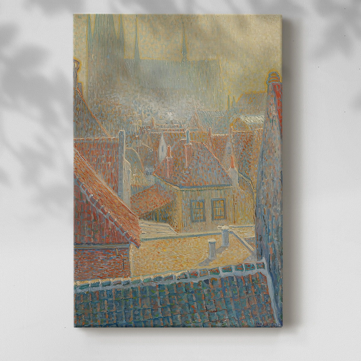 Canvas art print of a stylized urban view with architectural forms and subtle texture with a soft shadow on a white background.