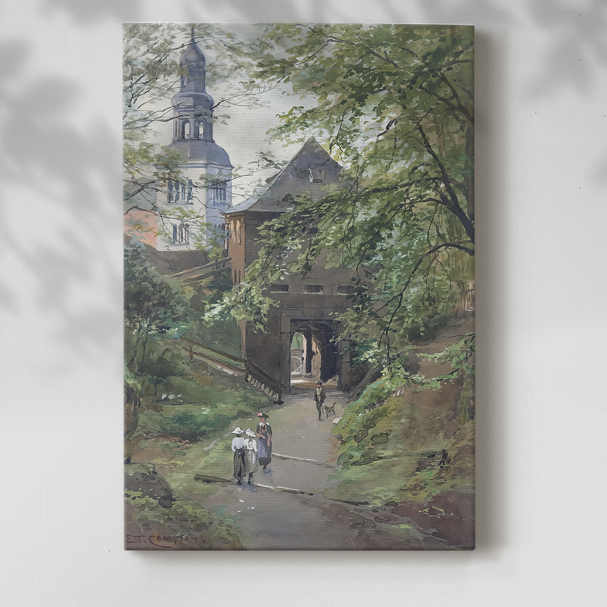 Canvas art print of a detailed cityscape with traditional structures and soft daylight with a soft shadow on a white background.