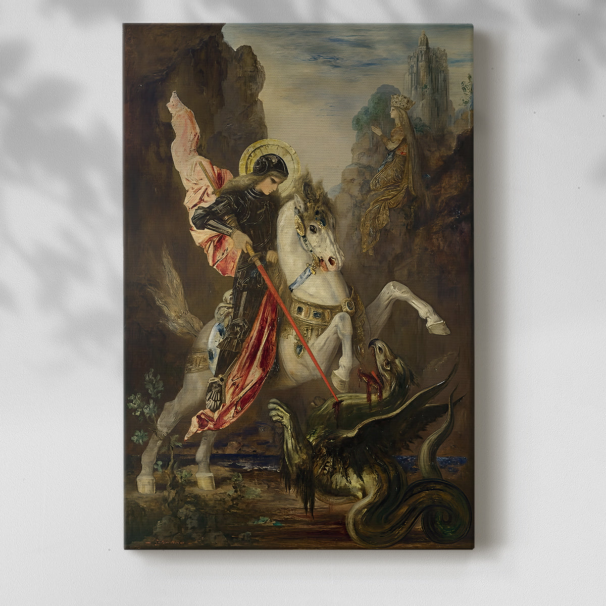 Canvas art print of a mythic battle scene with bold movement and color with a soft shadow on a white background.