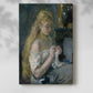 Canvas art print of a seated figure working with yarn in soft natural light with a soft shadow on a white background.