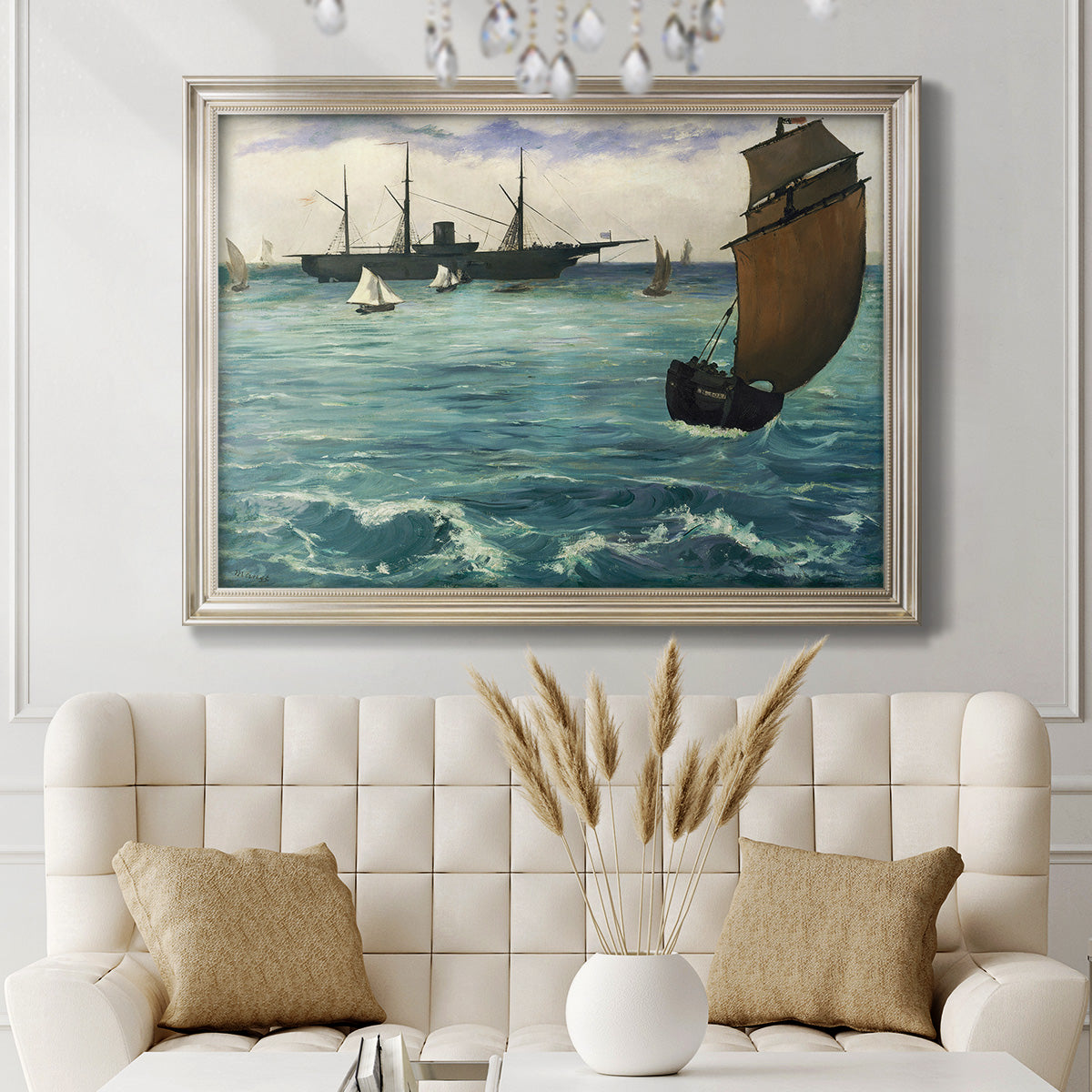 Impressionist naval seascape with the Kearsarge by Édouard Manet in an ornate champagne frame displayed in a neutral-toned interior setting.