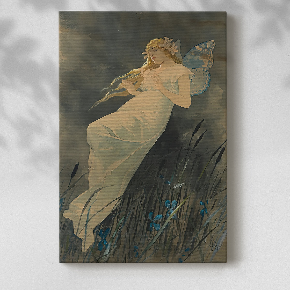 Canvas art print of a stylized fantasy figure surrounded by floral motifs and soft tones with a soft shadow on a white background.