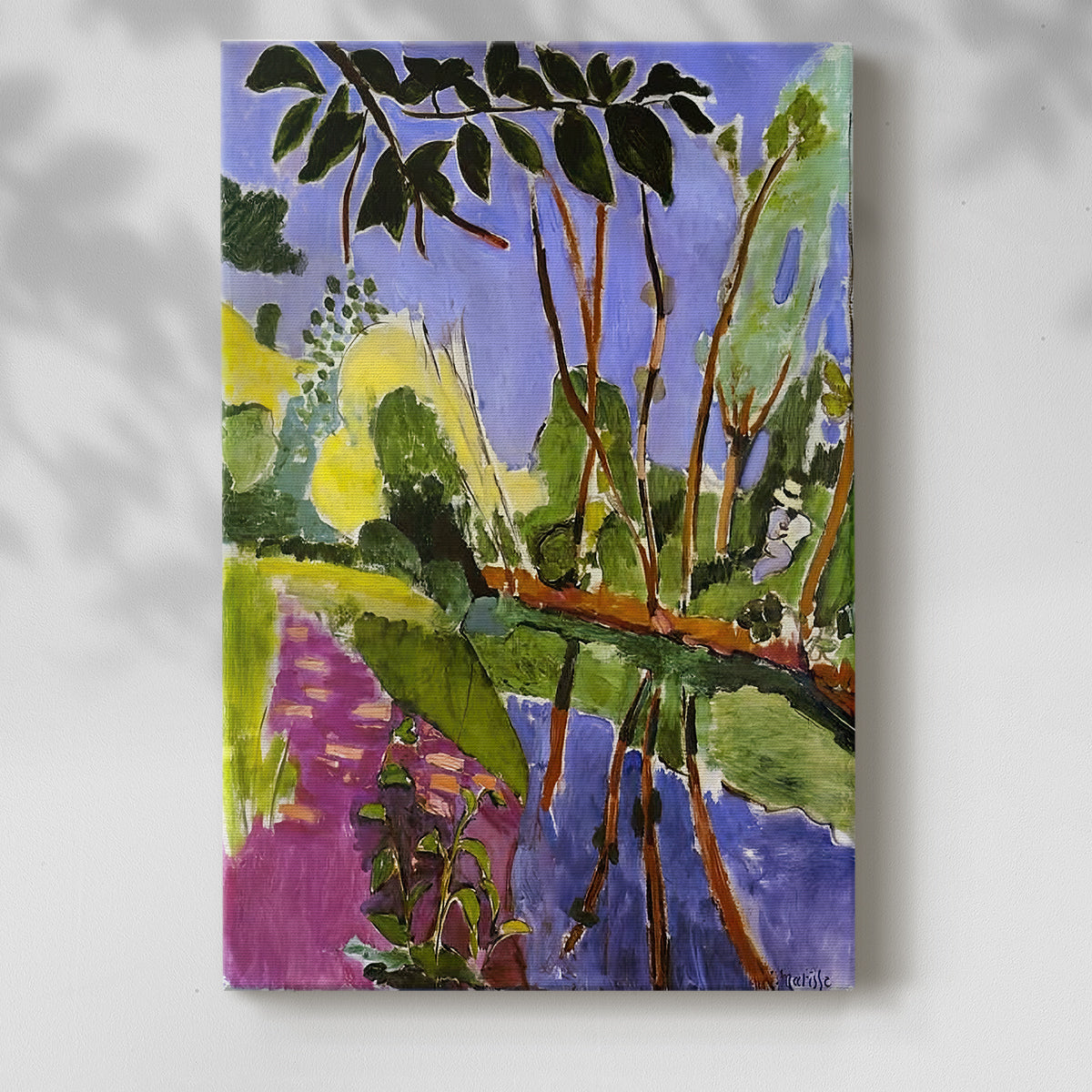 Canvas art print of a stylized outdoor scene with flowing water and vivid greens with a soft shadow on a white background.