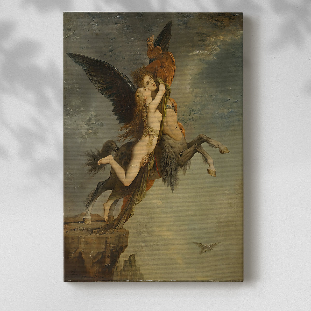 Canvas art print of a dramatic composition with fantasy elements and rich tones with a soft shadow on a white background.