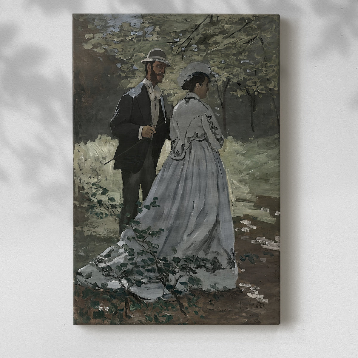 Canvas art print of a double portrait with soft light and natural surroundings with a soft shadow on a white background.