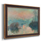 Impressionist winter river sunset scene by Claude Monet printed on canvas in an ornate bronzed mahogany wood frame.