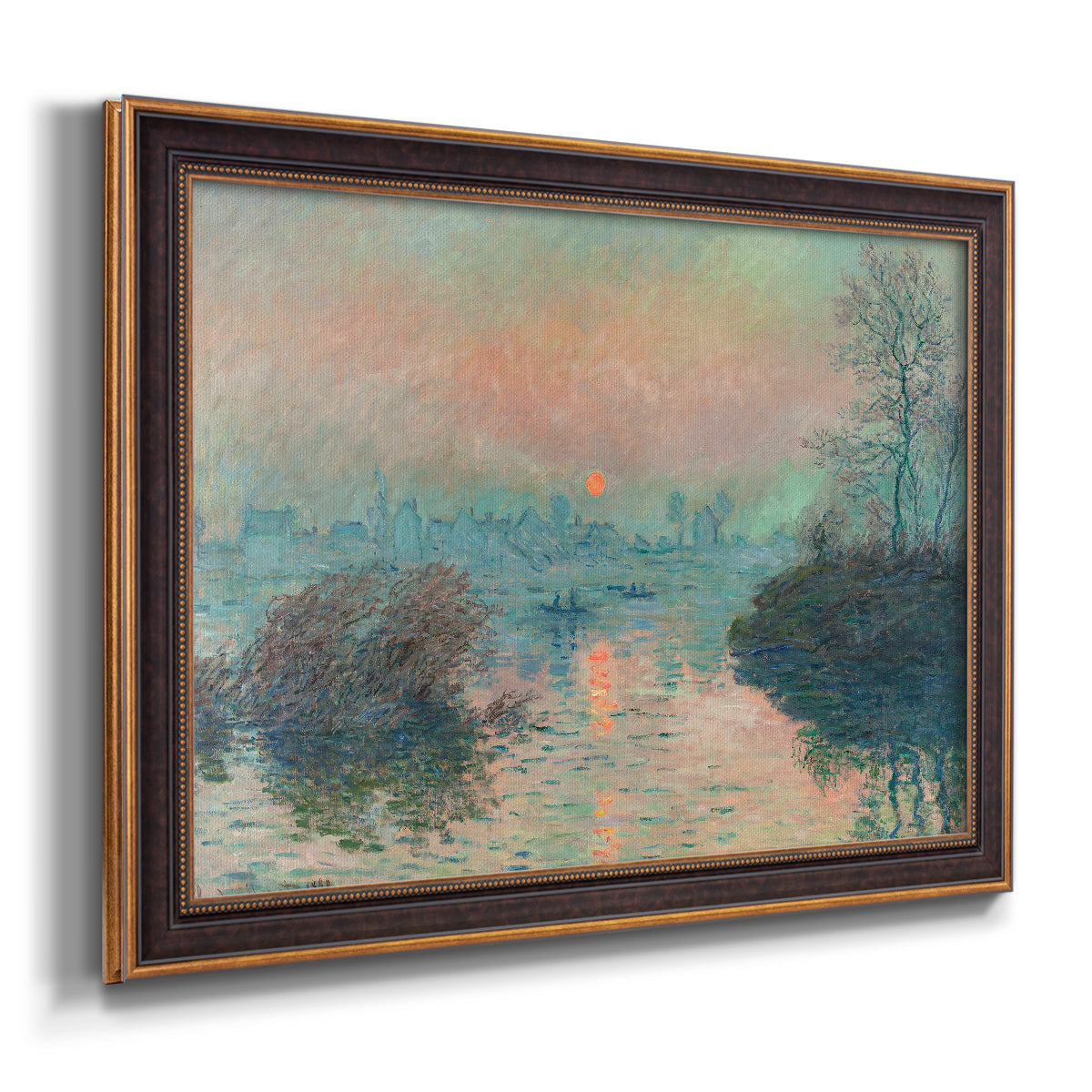 Impressionist winter river sunset scene by Claude Monet printed on canvas in an ornate bronzed mahogany wood frame.