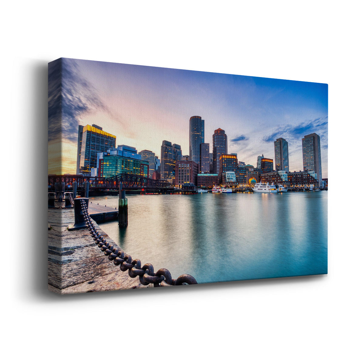 Boston Skyline with Financial District and Boston Harbor at Sunset - Canvas Art Print