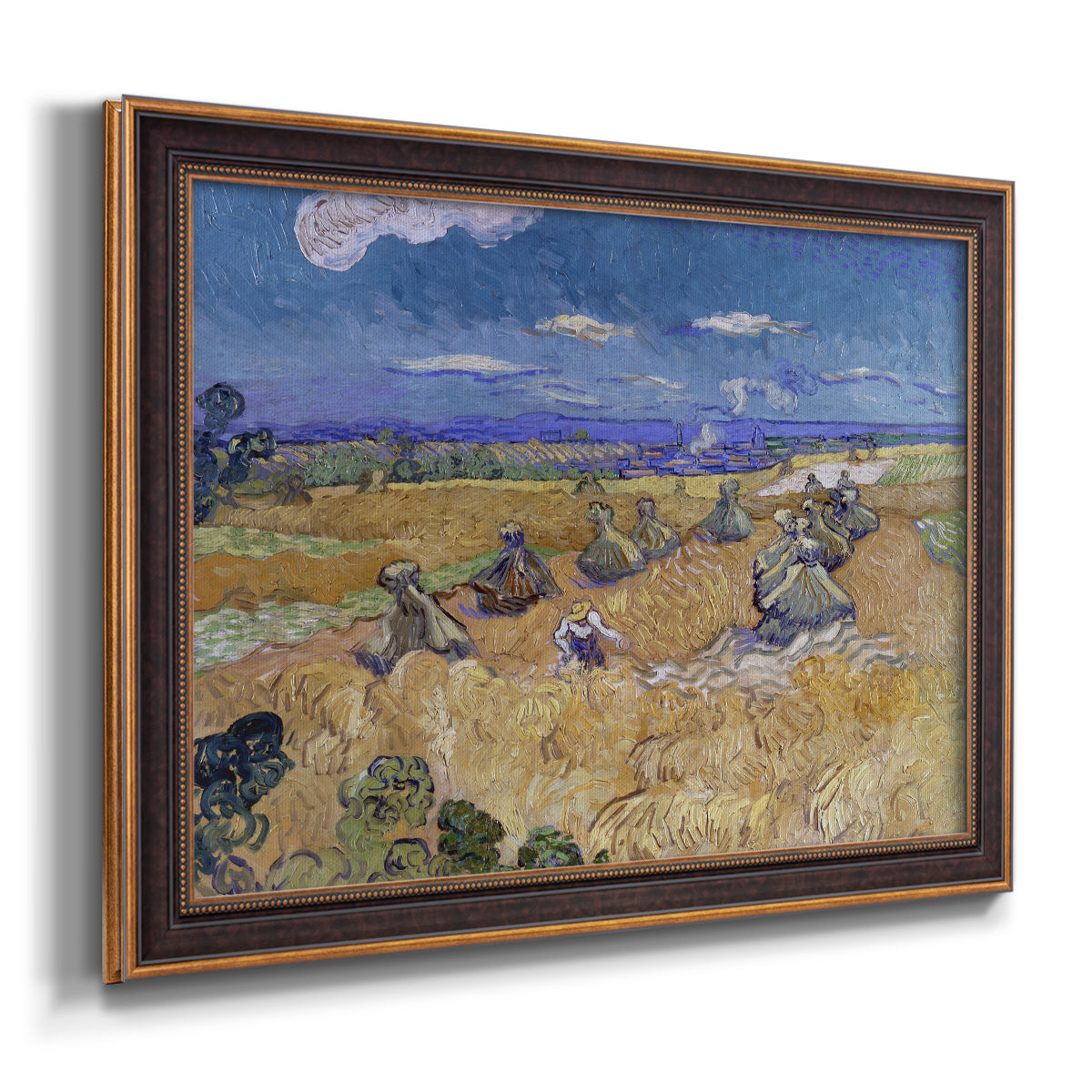 Impressionist wheat harvest scene by Vincent van Gogh printed on canvas in an ornate bronzed mahogany wood frame.